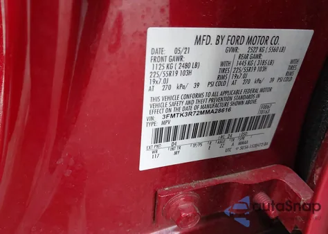 2021 Ford Mustang Mach-E Premium из США, поврежденный, VIN 3FMTK3R72MMA28616